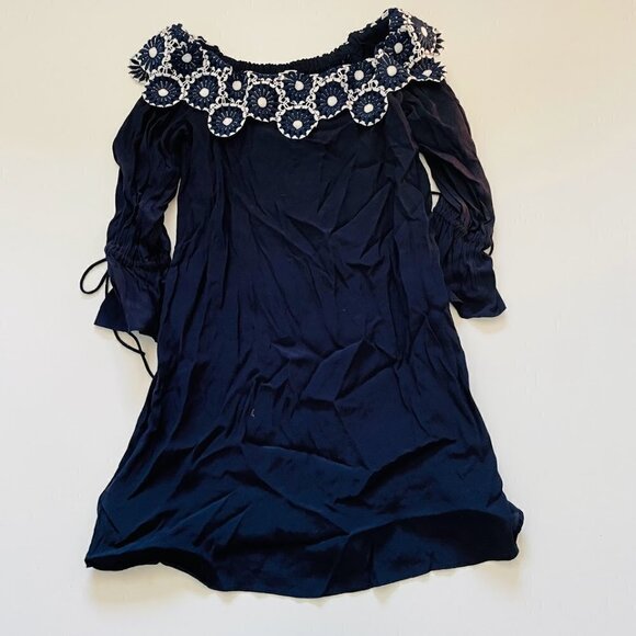 NWT Ann Taylor LOFT Dress Off the Shoulder Crochet Lace Floral Navy BLue White - Picture 3 of 11
